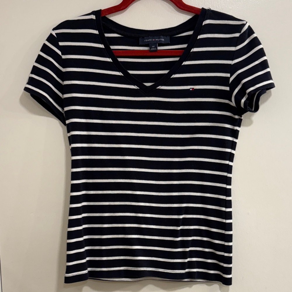 Tommy Hilfiger Navy Blue and White Striped V-Neck Tee